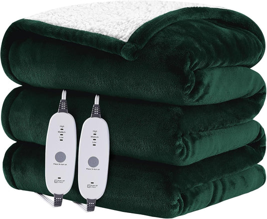 HYLEORY Heated Throw Blanket Flannel Electric Blanket Throw with 4 hrs Timer Auto-Off & 3 Heating Levels Sherpa Heated Blankets with Overheating Protection,84"x90",Green