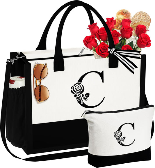 YOOLIFE Gifts for Women - Initial Canvas Tote Bag & Makeup Bag Birthday Gifts for Women Wife Mom Friend Teacher Sister