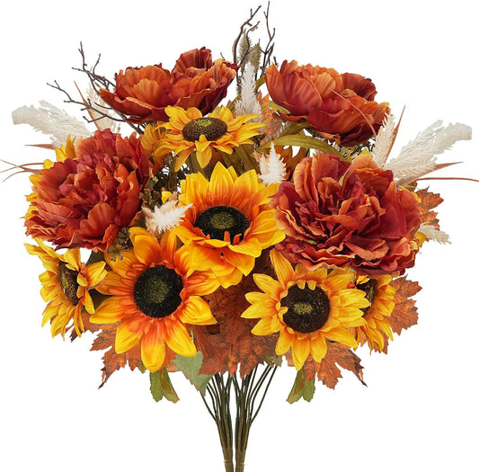 2 Bundles Artificial Fall Flowers 2 Colors Fake Sunflowers Silk Bouquets with Peony Autumn Faux Flowers Arrangements for Home Boho Wedding Table Centerpieces Party Decor Cemetery Grave