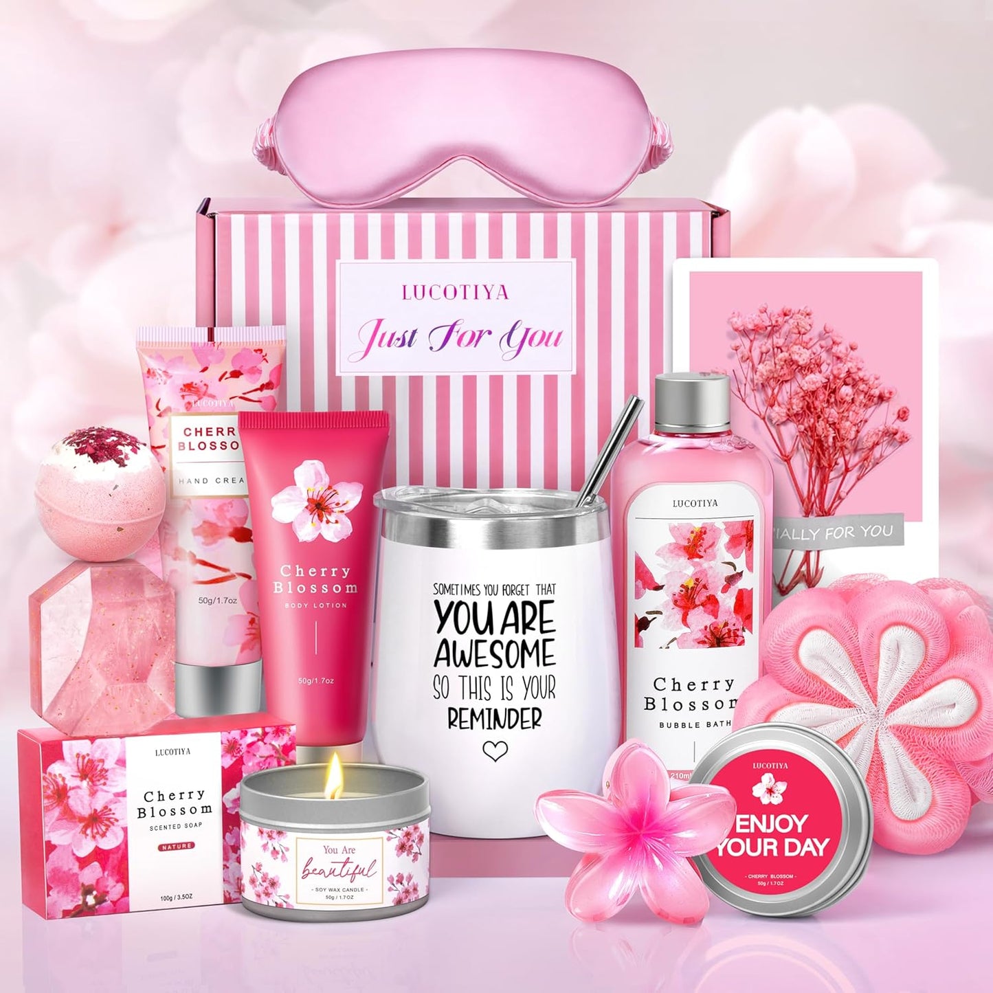 Gifts for Women Birthday Gifts, Spa Gifts Set- 10 Pcs Christmas Valentine's Mother's Day Gifts and Cherry Blossoms Self Care Package Gifts Women, Relaxing Gifts Basket