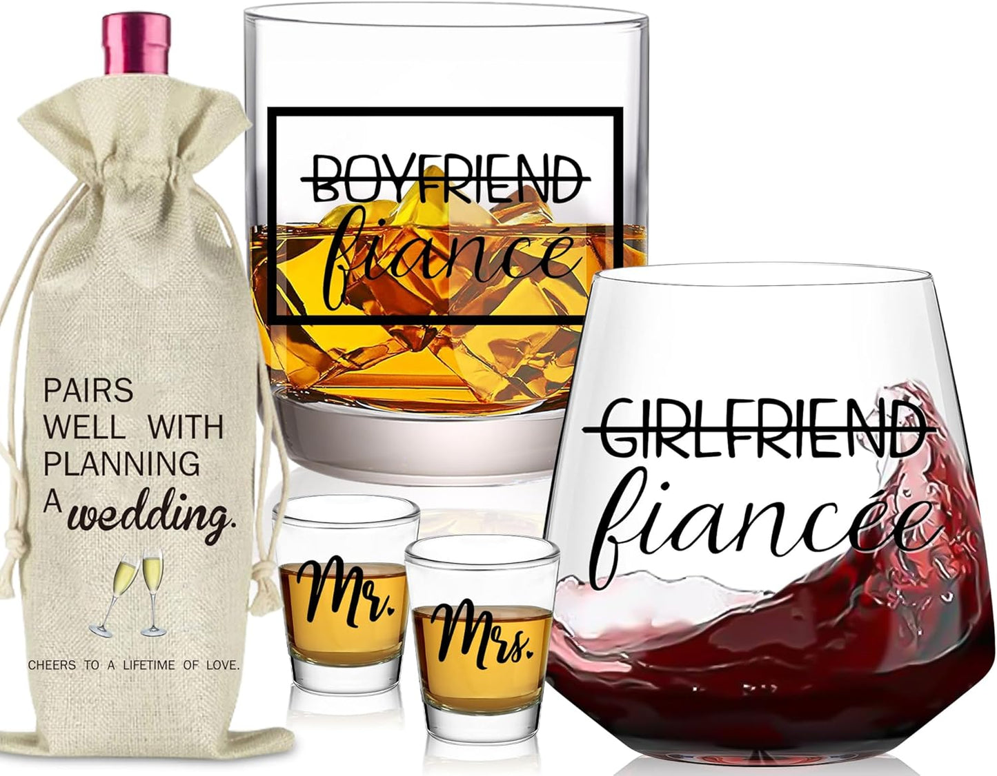 Engagement Gifts for Newly Couples - Fiance Fiancee Gifts, Boyfriend & Girlfriend Wine and Whiskey Glass Set, Wedding Gift for bride and groom, Future Mr and Mrs Just Engaged Gift