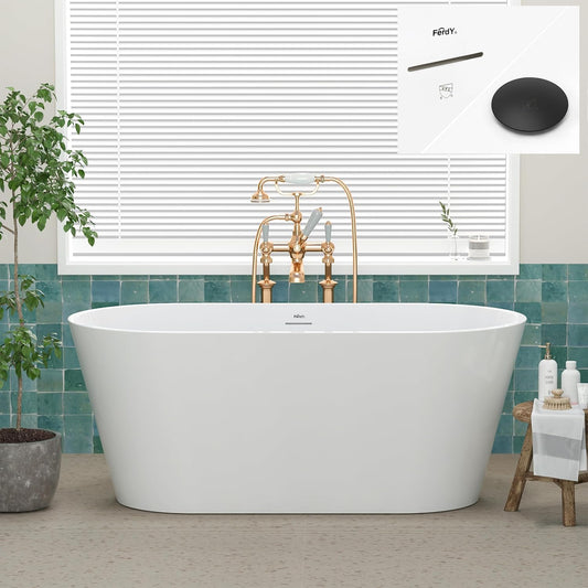 FerdY 59" Shangri-La Elite, Acrylic Freestanding Bathtub, Modern & Contemporary Design Soaking Tub with Matte Black Pop-Up Drain and Minimalist Design Overflow, Glossy White, cUPC Certified