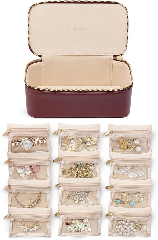 Vlando Jewelry Box with 12 Velvet Jewelry Bags Travel Jewelry Case for Girls Jewelry Organizers Necklace Rings Earrings Storage Bags Christmas Gifts Bridal Shower Gifts- Red