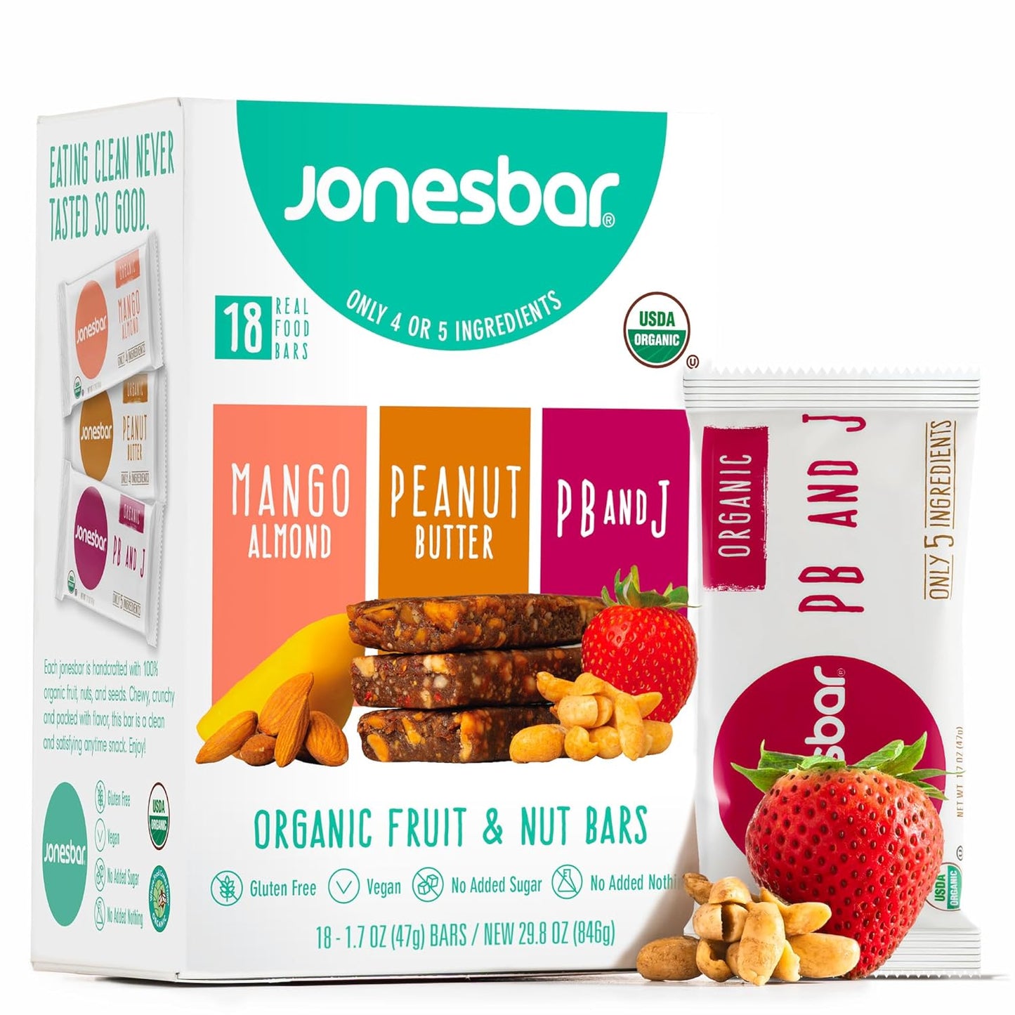 JONESBAR (18ct Variety Pack, 18 Bars (1 Box)), USDA Organic Fruit & Nut Bar, Non-GMO, Kosher, Vegan, Gluten Free, Simple Snack Bar