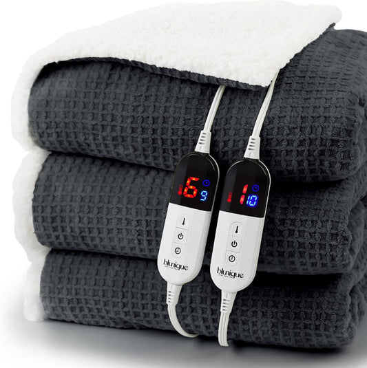 Heated Blanket Electric Blanket Queen Waffle, 84x90 Inches Dual Controllers Sherpa Fleece Fast Heating Blanket 6 Heating Levels & 10 Hours Auto Off ETL Certification,Charcoal Grey Queen