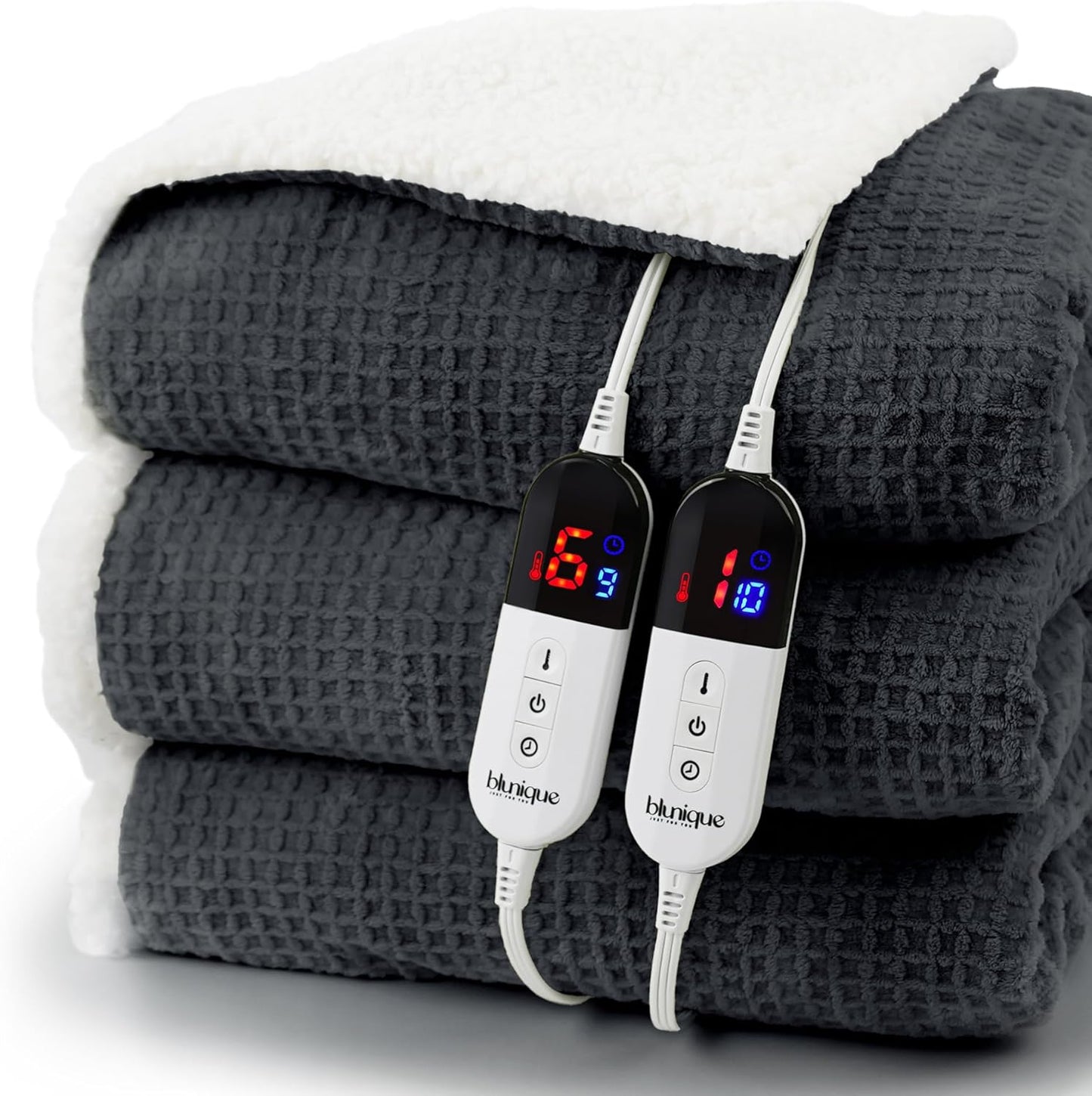 Heated Blanket Electric Blanket King Waffle, 90x100 Inches Dual Controllers Sherpa Fleece Fast Heating Blanket 6 Heating Levels & 10 Hours Auto Off ETL Certification,Charcoal Grey King