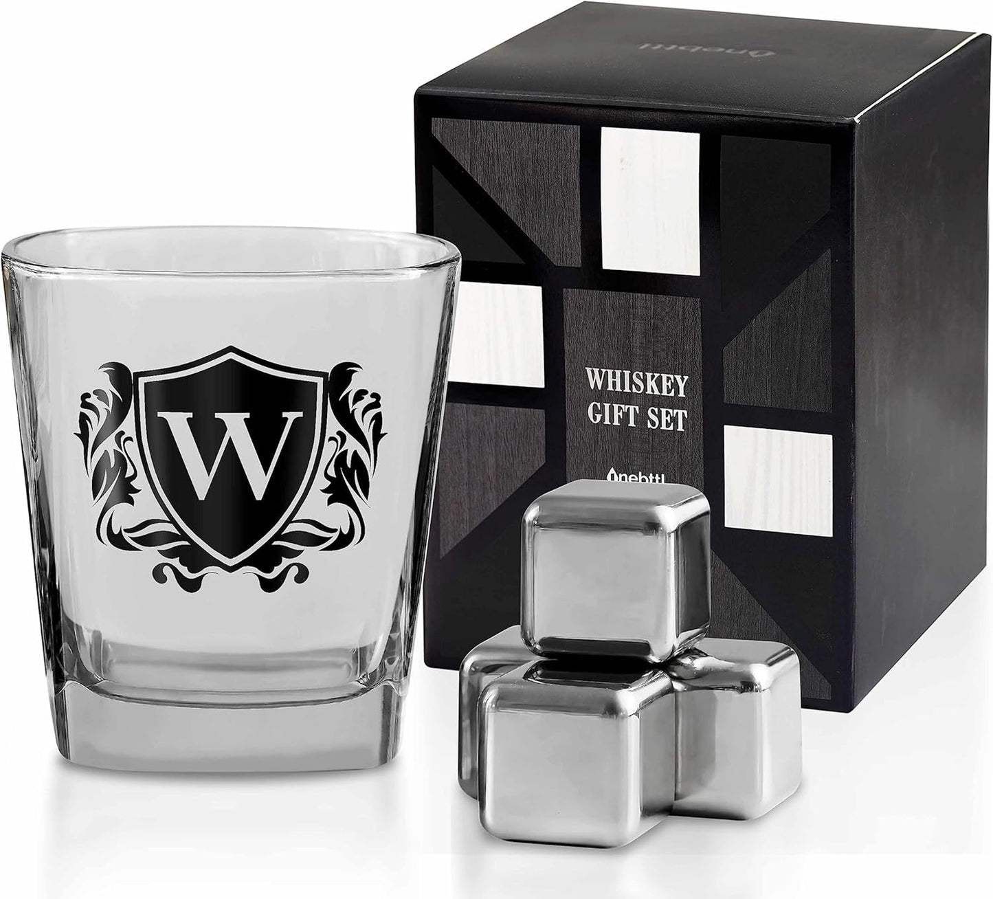 Whisky Gifts for Men, Personalized Initial Whiskey Glass with Whiskey Stones for Dad, Boyfriend, Best Friends, Coworkers, Husband, Brother, Uncle and Boss on Father's Day, Boss Day and Birthday - W