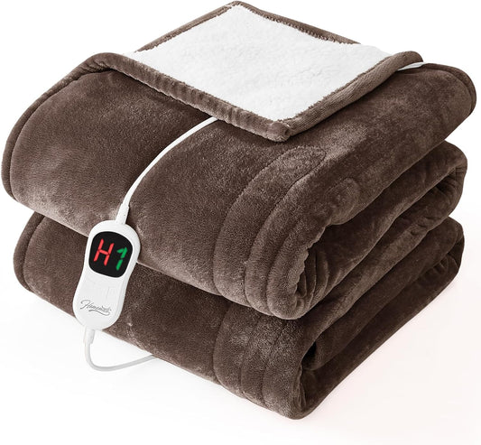 Homemate Electric Heated Blanket Twin - 62"x84" Heating Bed Blankets Throw with 10 Heating Levels 8 Hours Auto Off Fast Heating Over-Heated Protection Ultra Soft Warm Flannel ETL Certified Brown
