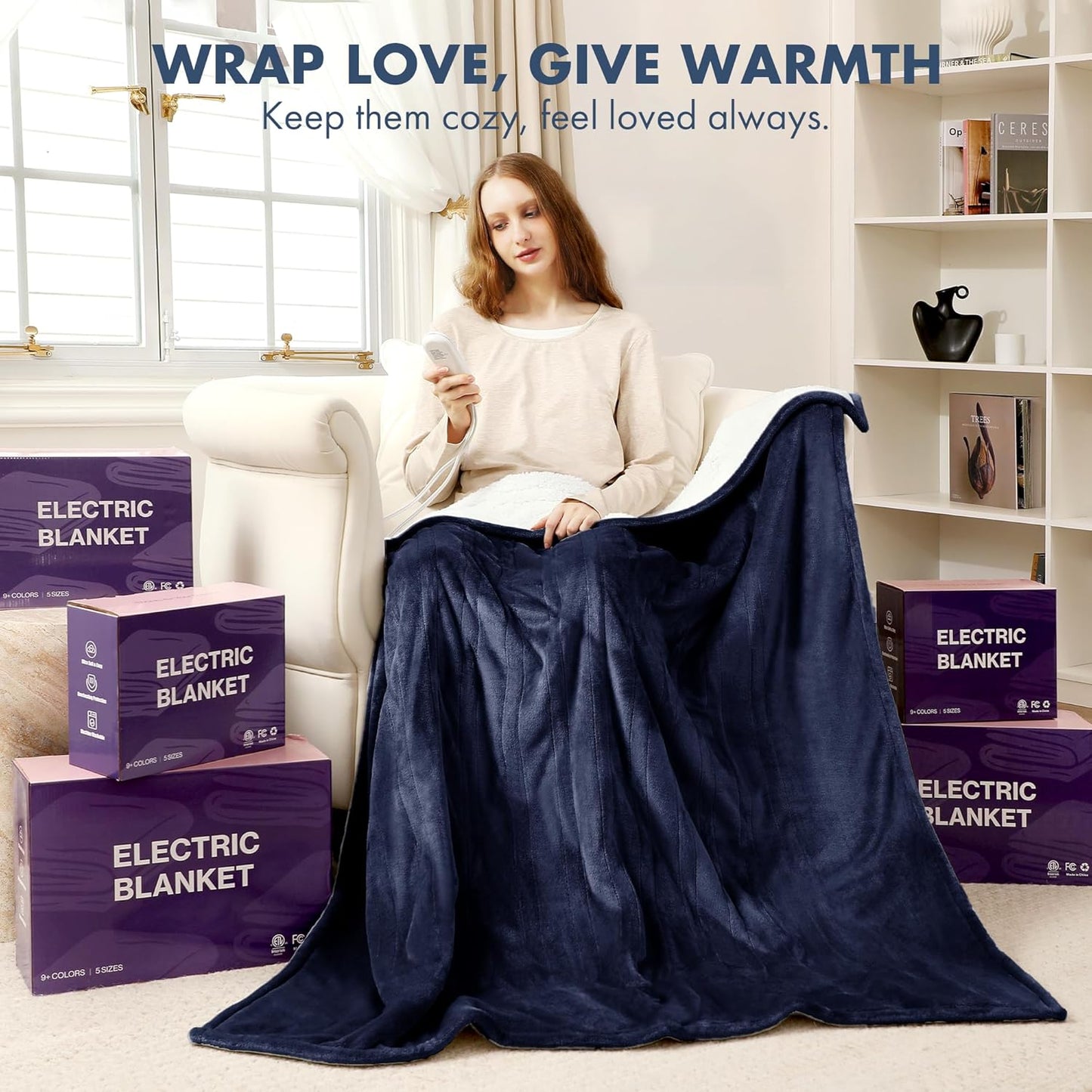 Heated Throw 50" x 60" - Soft Flannel Sherpa Electric Blanket with 5 Heating Levels & 4 Hours Auto Off, Heating Blanket Throw as a Gift for Grandma, Machine Washable (Navy)
