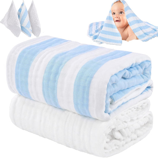 Muslin Baby Bath Towel Set, 2 Large Gauze Super Soft Baby Bath Towel and 3 Washcloths, 6 Layers 100% Cotton Infant Towel Newborn Towel Blanket Suitable for Baby's Delicate Skin(Bule)