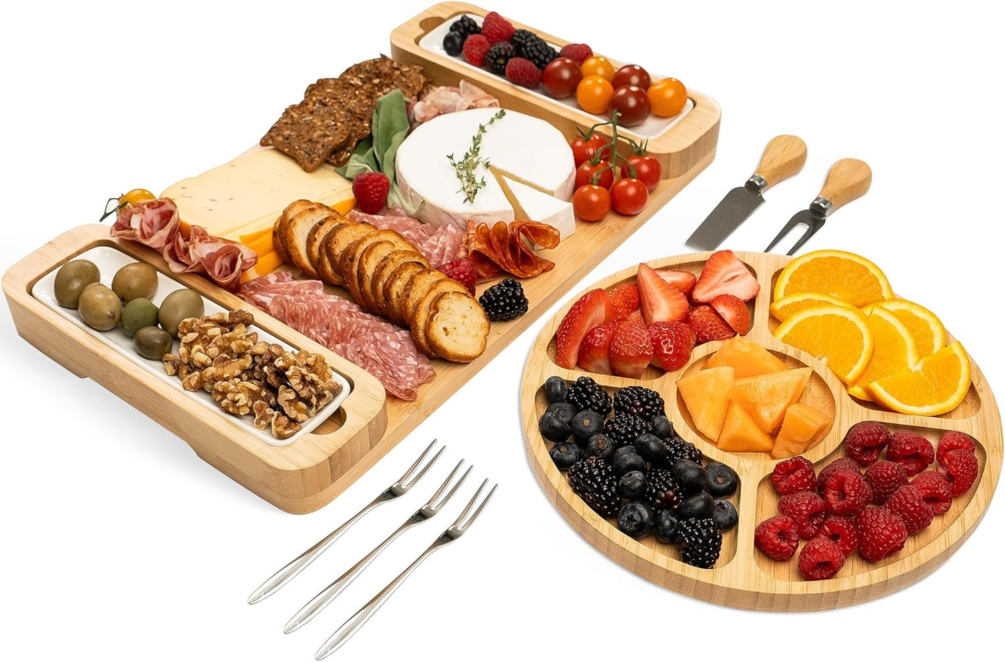 Charcuterie Board Gift Set - Bamboo Cheese Board & Serving Tray for Meat, Cheese, Crackers, Fruit - Large Wooden Charcuterie Boards for Parties - Wedding Gift, Housewarming, Gifts for Women & Couples