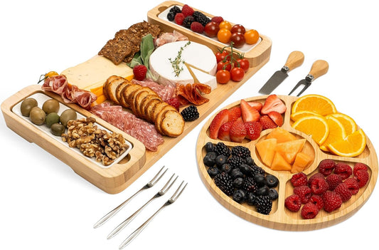 Charcuterie Board Gift Set - Bamboo Cheese Board & Serving Tray for Meat, Cheese, Crackers, Fruit - Large Wooden Charcuterie Boards for Parties - Wedding Gift, Housewarming, Gifts for Women & Couples