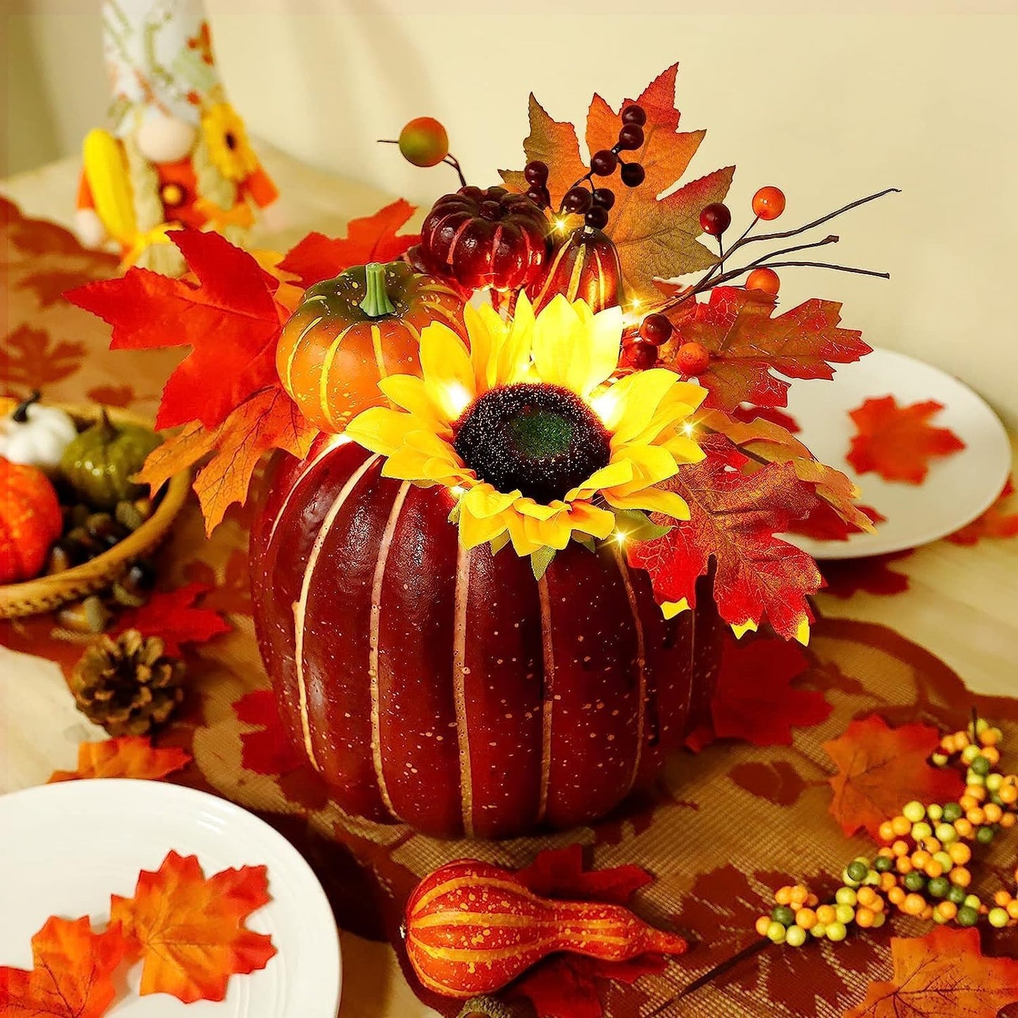 [ Timer & Prelit ]10 Inch Large Lighted Fake Pumpkin Fall Decoraitons for Home, Fall Table Decor Maples Leafed Pumpkins Sunflower Berried Battery Operated Fall Thanksgiving Decorations for Home Indoor