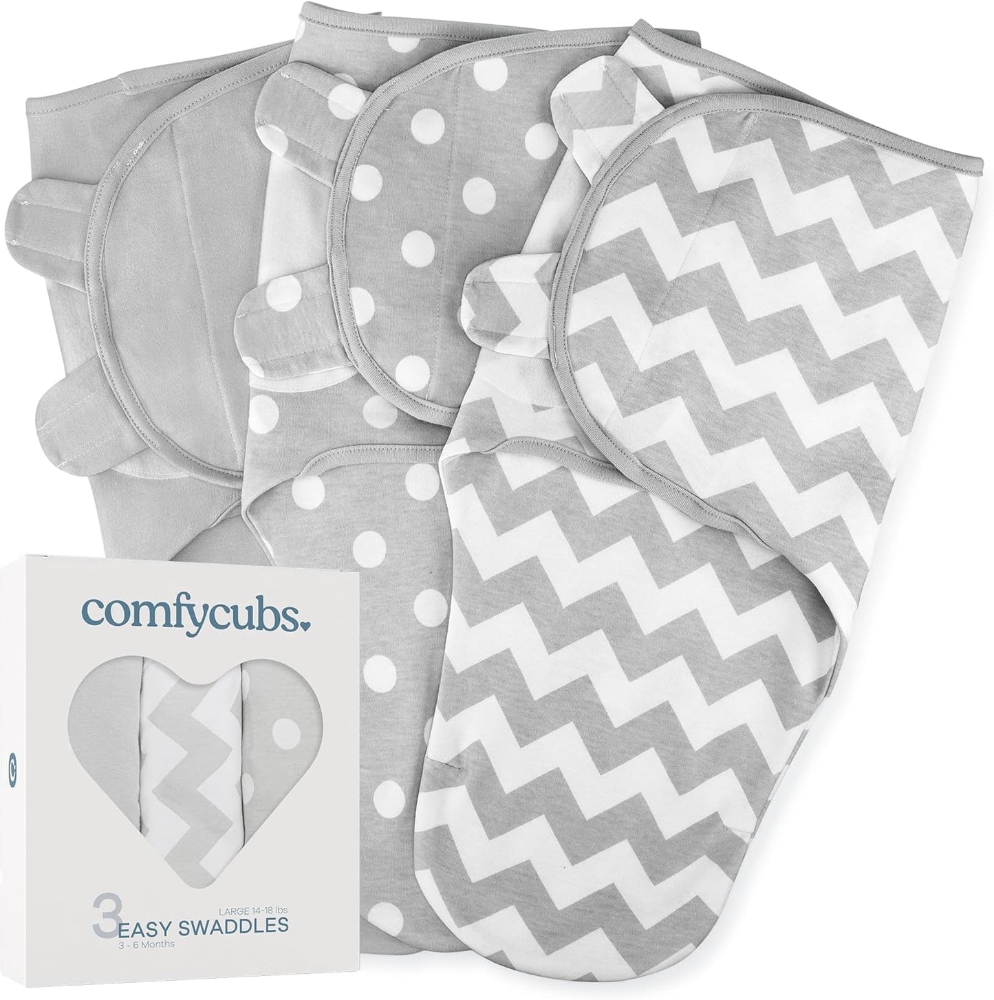 Comfy Cubs Easy Swaddle Blanket, 3 Pack - 100% Cotton Newborn Wrap, Large for 3-6 Months Infants, with Adjustable Velcro, Breathable and Durable Sleep Sack for Babies - Grey