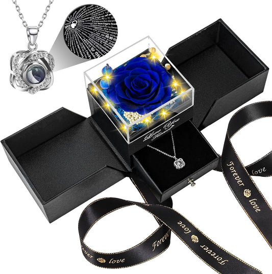 Preserved Blue Real Rose -Eternal Flowers Rose Birthday Gifts for Her Mom Wife Girlfriend Grandma on Valentines Mothers Day Christmas Anniversary Romantic-Blue