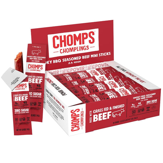 Chomps Snack Size Grass-Fed and Finished Smoky BBQ Beef Jerky Snack Sticks 0.5oz 24-Pack - Keto, Paleo, Whole30, 4g Lean Meat Protein, Gluten-Free, Zero Sugar Food, Non-GMO Chomplings