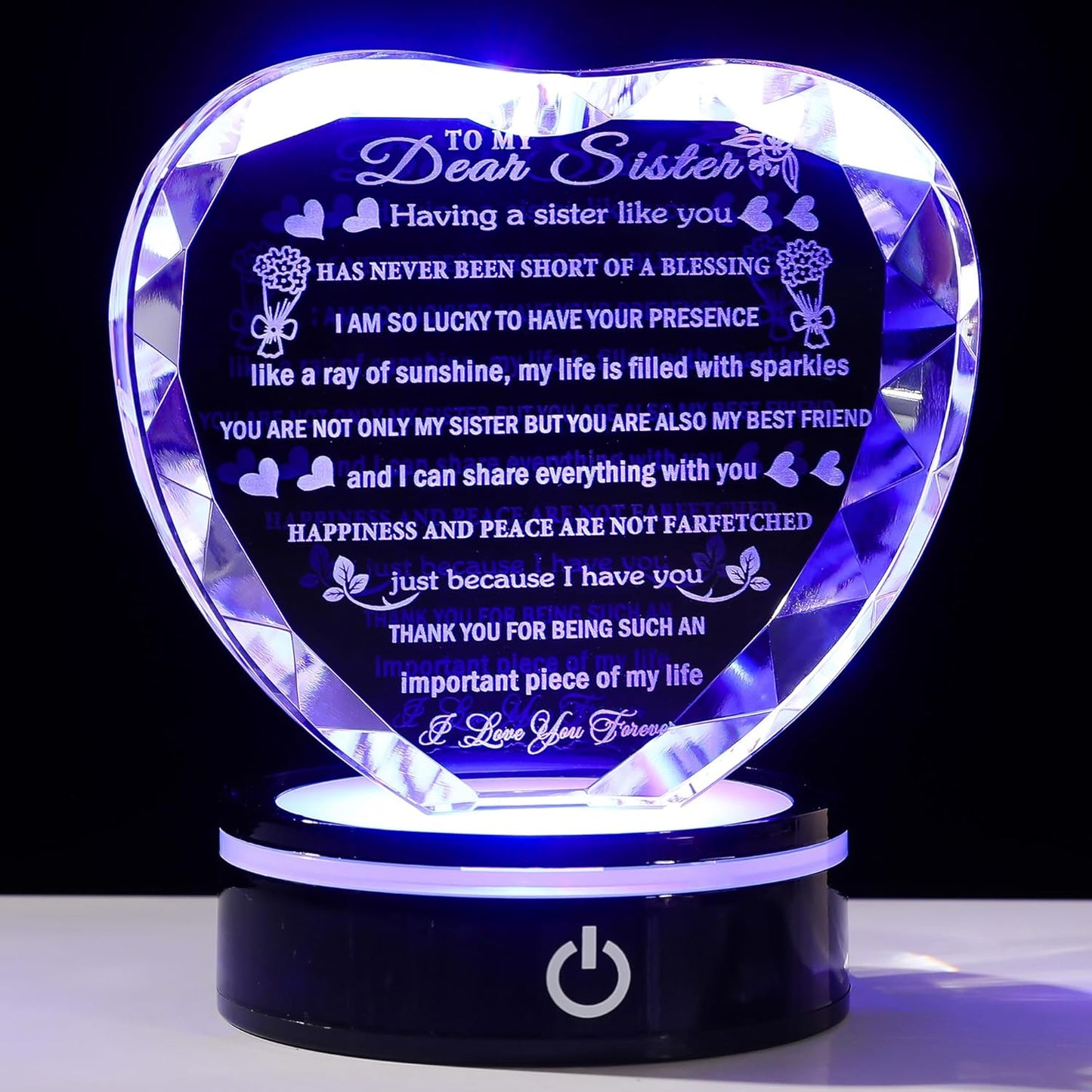YWHL Sister Birthday Gifts with Colorful LED Base Crystal Heart to My Sister Gifts from Sisters Brother Meaningful Gift for Sisters on Christmas Valentine Day Mothers Day