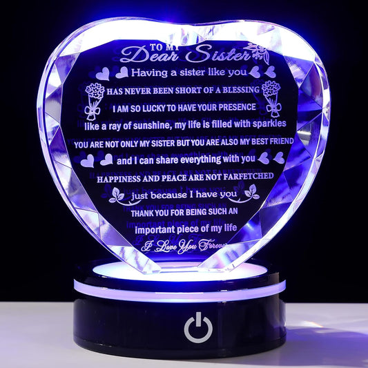 YWHL Sister Birthday Gifts with Colorful LED Base Crystal Heart to My Sister Gifts from Sisters Brother Meaningful Gift for Sisters on Christmas Valentine Day Mothers Day