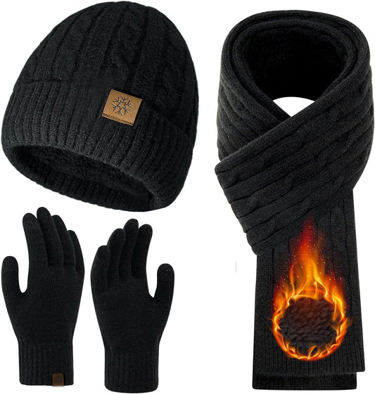 Womens Winter Beanie Hat Scarf Gloves Set, Knit Touch Screen Gloves Long Scarf Skull Caps Fleece Lined Winter Gift