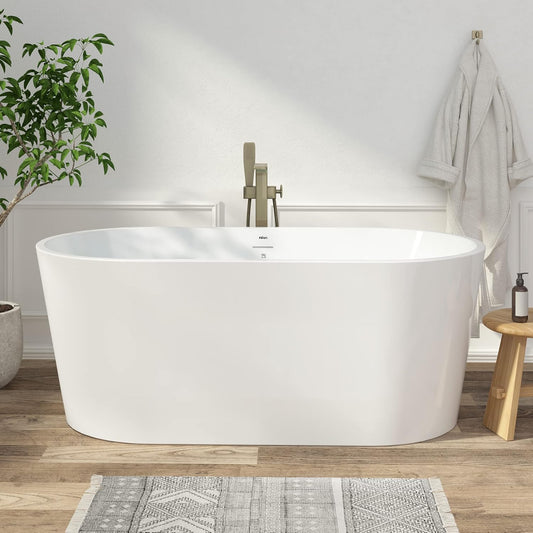 FerdY Shangri-La 59" Acrylic Freestanding Bathtub, Gracefully Shaped Soaking Bathtub, Glossy White, cUPC Certified, Brushed Nickel Drain & Minimalist Linear Design Overflow Included, 02522