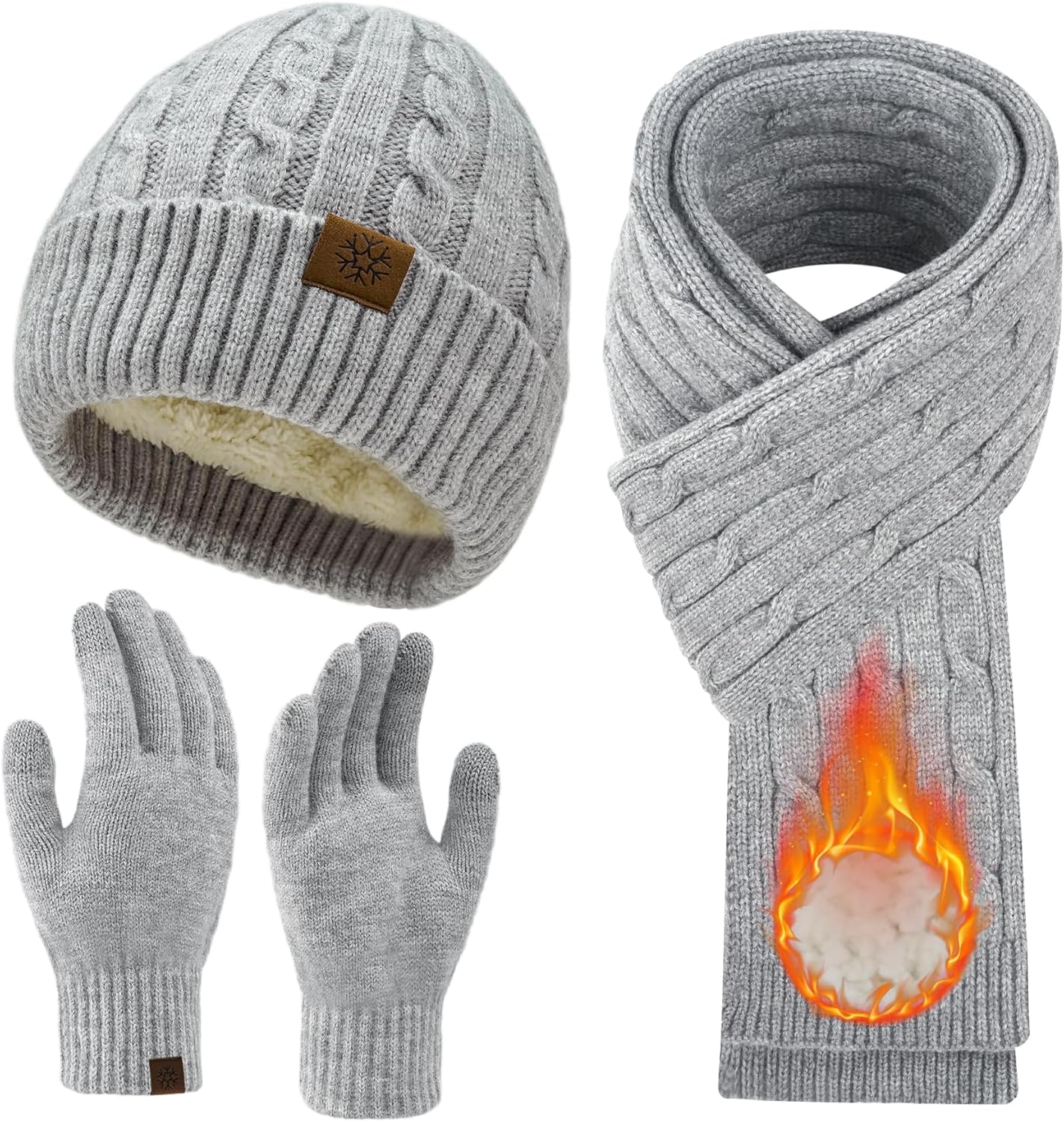 Womens Winter Beanie Hat Scarf Gloves Set, Knit Touch Screen Gloves Long Scarf Skull Caps Fleece Lined Winter Gift