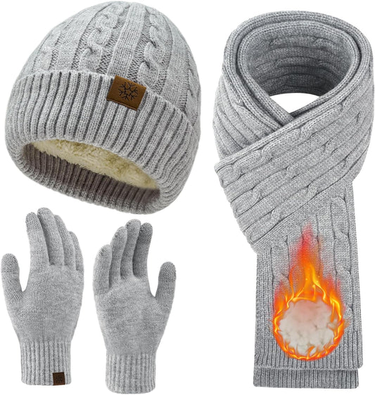 Womens Winter Beanie Hat Scarf Gloves Set, Knit Touch Screen Gloves Long Scarf Skull Caps Fleece Lined Winter Gift