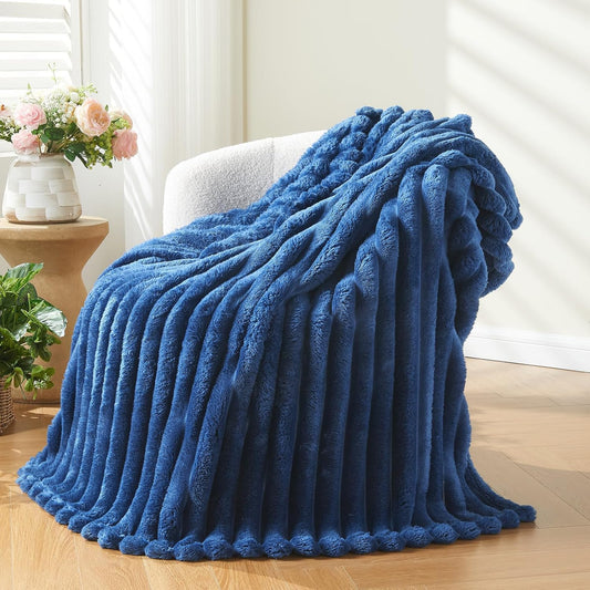 NEWCOSPLAY Super Soft Twin Blanket Navy Premium Silky Flannel Fleece 3D Ribbed Jacquard Lightweight Bed Blanket All Season Use (Navy Ribbed, Twin(60"x80"))