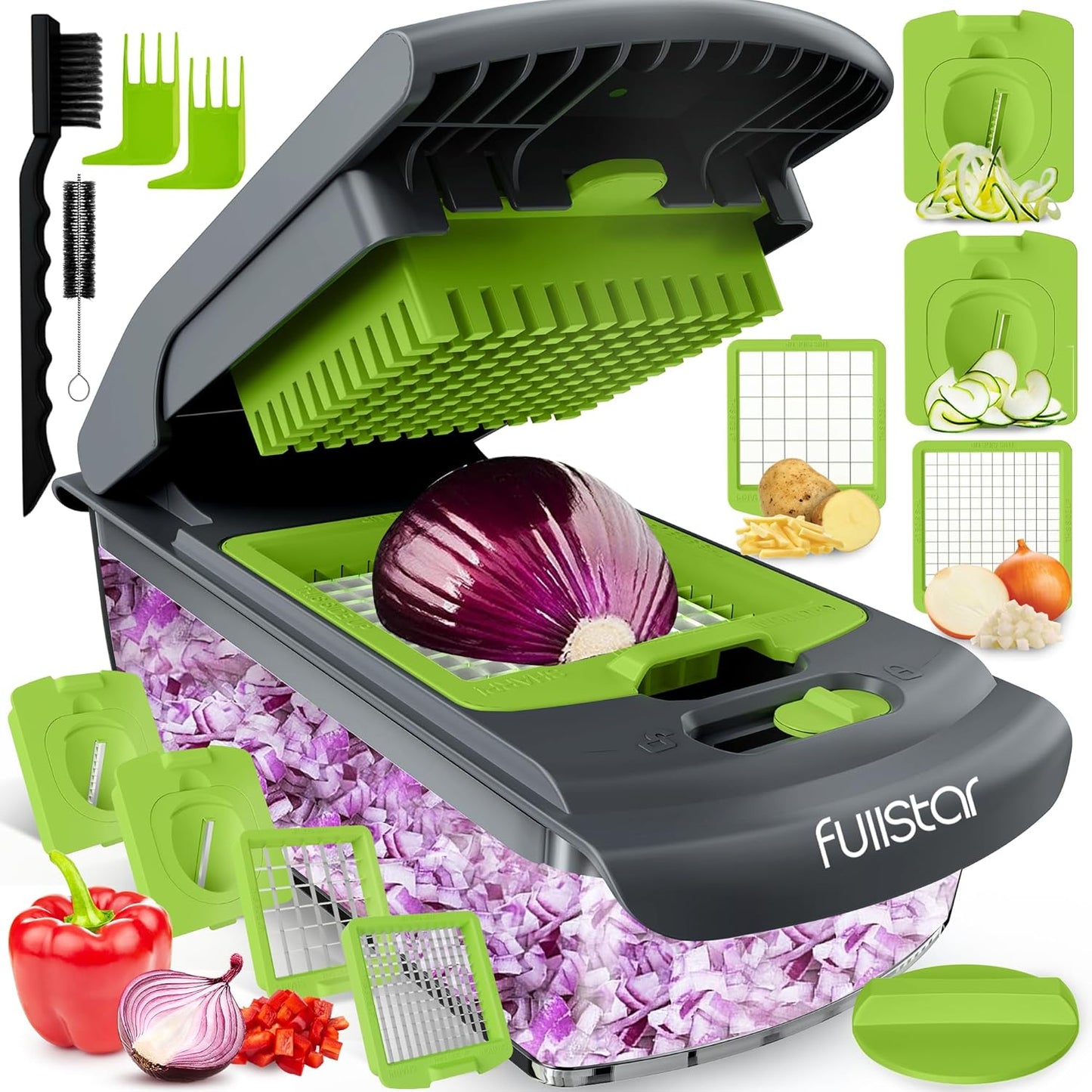 Fullstar The Original Pro Chopper - Vegetable Chopper and Spiralizer, Food Chopper with Container, Fruit Slicer, Kitchen Gadgets & Accessories, Home Essentials (4 in 1, Gray/Green)