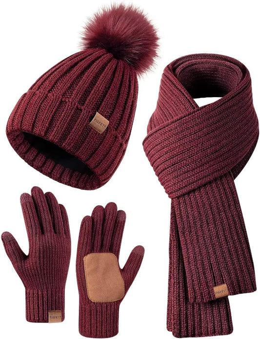 Winter Beanie Hat Scarf Gloves Set for Women, Womens Beanie with Pom Pom Long Scarf Neck Warmer Touchscreen Gloves 3 in 1 Set