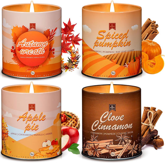 4 Pack Scented Fall Candles Set, 36oz Aromatherapy Soy Wax Candles for Candle Warmer, Halloween House Warming Gifts Birthday Candle for Women Halloween Apple Pie/Autumn Wreath/Cinnamon/Pumpkin Candle