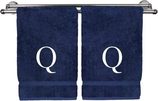 Monogrammed Hand Towel, Personalized Gift, Set of 2- White Block Letter Embroidered Towel - Extra Absorbent 100% Turkish Cotton - Soft Terry Finish - Initial Q Navy