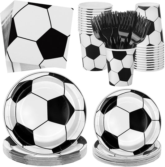 144 Pieces Soccer Party Tableware Sets Including Disposable Plates Napkins Cups Forks Serves 24 for Soccer Games Sports Birthday Party Supplies