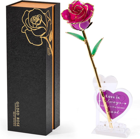 Mikasol Real 24K Gold Dipped Realistic Rose – Timeless Lifelike Bloom with Heart Puzzle Base – Romantic Gradient Purple Flower Gift for Her, Wife, Girlfriend, Mom – Birthday, Anniversary, Mother’s Day
