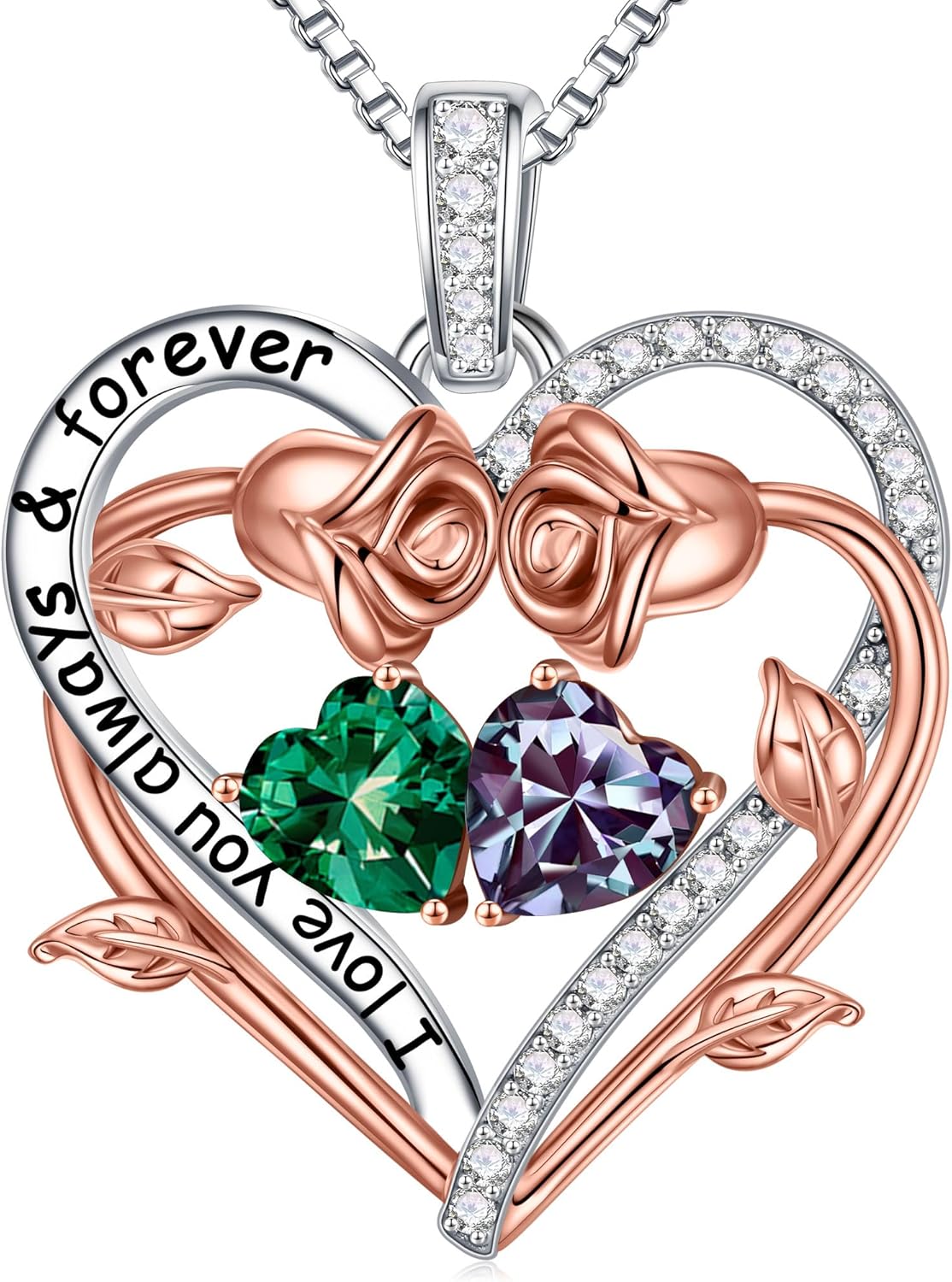 Iefil Rose Heart Double Birthstone Necklace Gifts for Wife Her Mom Women, Birthstone Jewelry Gemstone Birthday Gifts for Girlfriend Grandma Her Wife Women