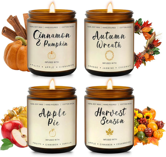 Fall Candles Gift Set – 4 Pack Scented Soy Candles for Home, Autumn Decor, Fall Decorations, Pumpkin Spice, Apple Pie, Cinnamon, Harvest – Great for Halloween & Thanksgiving Gifts