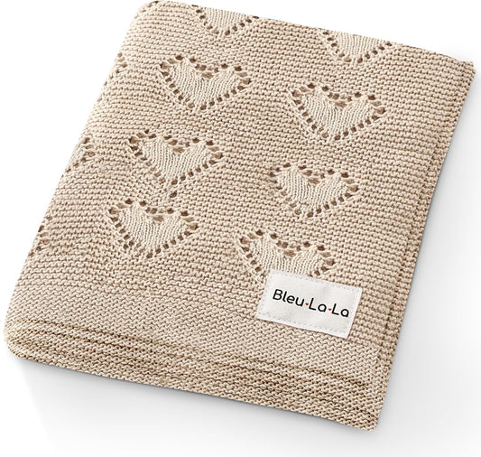 100% Luxury Cotton Heart Swaddle Knit Baby Blanket for Girls and Boys - Soft Warm Cozy Swaddling Receiving Stroller Crib Blanket for Newborns Infants & Toddlers (Oatmeal, 0-2 Years)