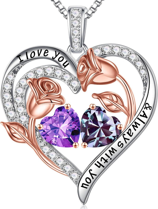 Iefil Birthstone Necklace for Women - 925 Sterling Silver Rose Heart Birthstone Necklace Birthday Anniversary Jewelry Gifts for Her Wife Mom Daughter