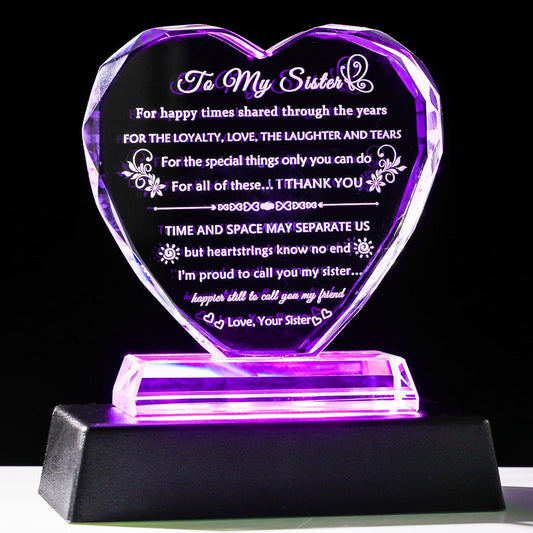 YWHL Sister Gifts from Sisters Brother Birthday Gifts for Sisters Crystal Heart Keepsake with Colorful Base Sister Gift for Women on Christmas Mothers Day Valentines Wedding
