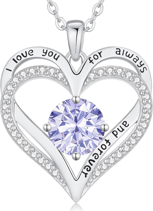 LOUISA SECRET Love Heart Birthstone Necklaces for Women, Birthday Gift for Women, Anniversary Jewelry for Wife Her, 925 Sterling Silver Pendant Necklace, Mother's Day Gift