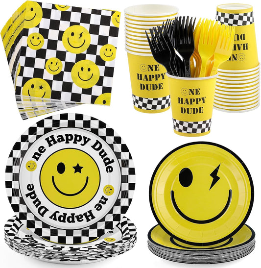 144 Pieces One Happy Dude Party Tableware Sets including Disposable Plates Napkins Cups Forks Serves 24 for Smiley Face 1st Birthday Preppy Party Decorations
