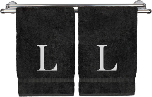 Monogrammed Hand Towel, Personalized Gift, Set of 2- White Block Letter Embroidered Towel - Extra Absorbent 100% Turkish Cotton - Soft Terry Finish - Initial L Black