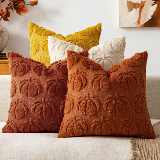 MIULEE Fall Pumpkin Pillow Covers 20x20 Inch Set of 4 - Soft Cozy Plush Decorative Pillows with Embroidered Pumpkin Pattern Autumn Halloween Holiday Decor for Sofa Couch Bed Living Room,Rust-Yellow