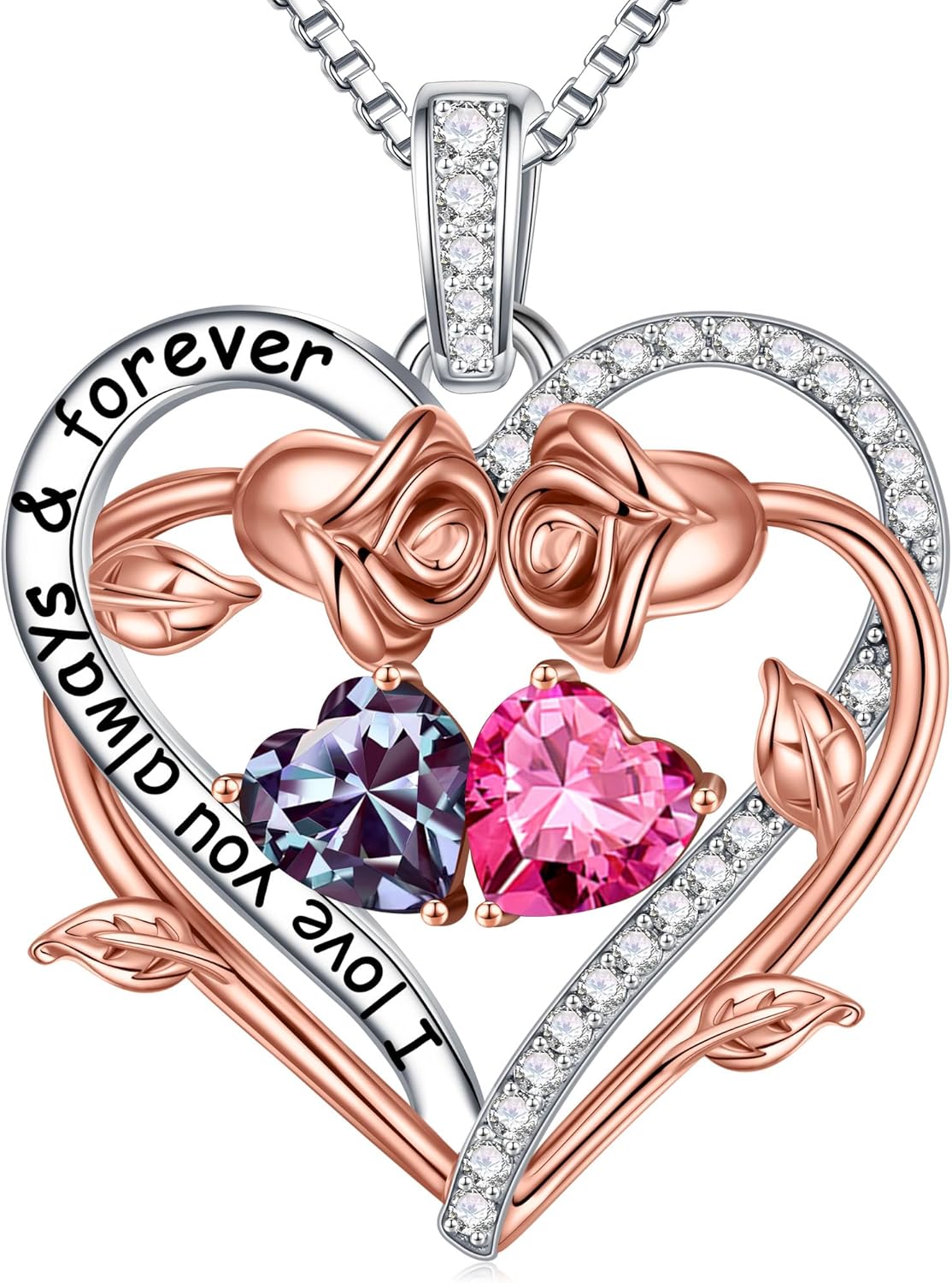 Iefil Rose Heart Double Birthstone Necklace Gifts for Wife Her Mom Women, Birthstone Jewelry Gemstone Birthday Gifts for Girlfriend Grandma Her Wife Women