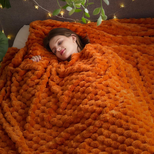 NEWCOSPLAY Super Soft Fall Queen Blanket Orange Premium Silky Flannel Fleece 3D Clouds Stylish Jacquard Lightweight Bed Blanket All Season Use 350GSM (Orange, Queen(90"x90"))