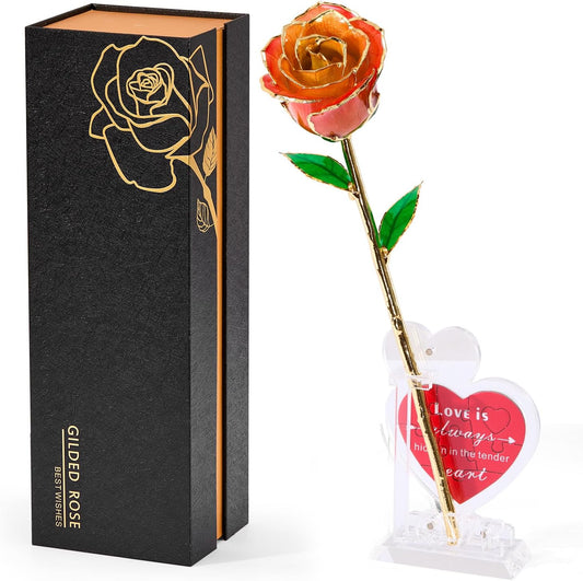 Mikasol Real 24K Gold Dipped Realistic Rose – Timeless Lifelike Bloom with Heart Puzzle Base – Romantic Gradient Orange Flower Gift for Her, Wife, Girlfriend, Mom – Birthday, Anniversary, Mother’s Day