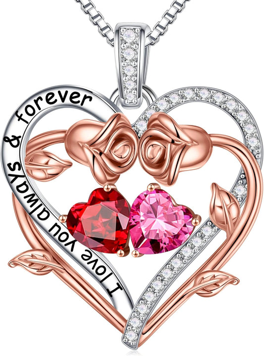 Iefil Rose Heart Double Birthstone Necklace Gifts for Wife Her Mom Women, Birthstone Jewelry Gemstone Birthday Gifts for Girlfriend Grandma Her Wife Women