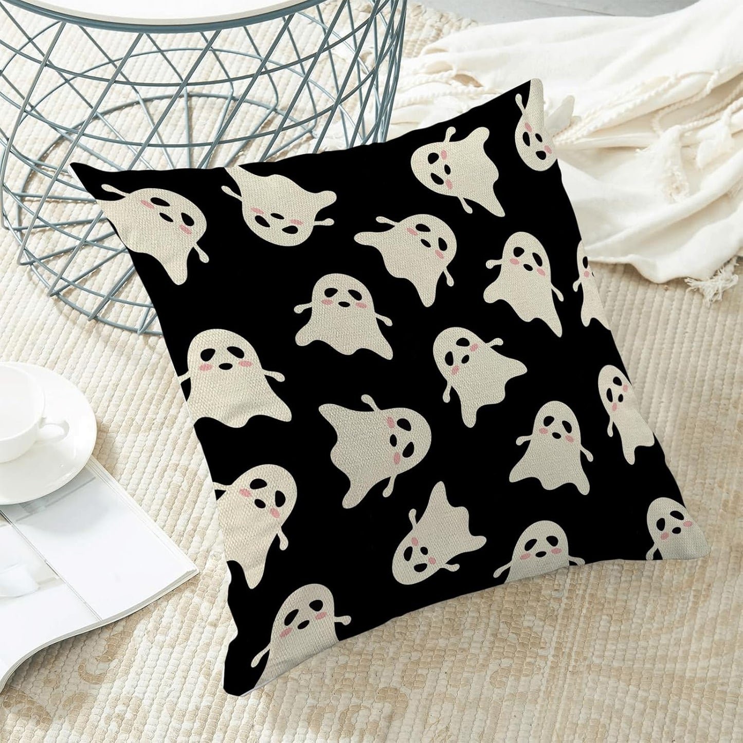 Halloween Decor Pillow Covers 18x18 Pack of 2 Black Beige Cute Ghost Throw Pillow Covers Outdoor Decoration,Fall Holiday Ghost Pillowcase Linen Decorative Cushion Case for Home Sofa Couch
