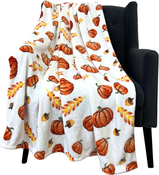 Home Decor Farmhouse Fall Fleece Throw Blanket: Harvest Pumpkins Leaves and Wheat on Velvet Fleece, Oversized Measures 70" inches x 50" inches
