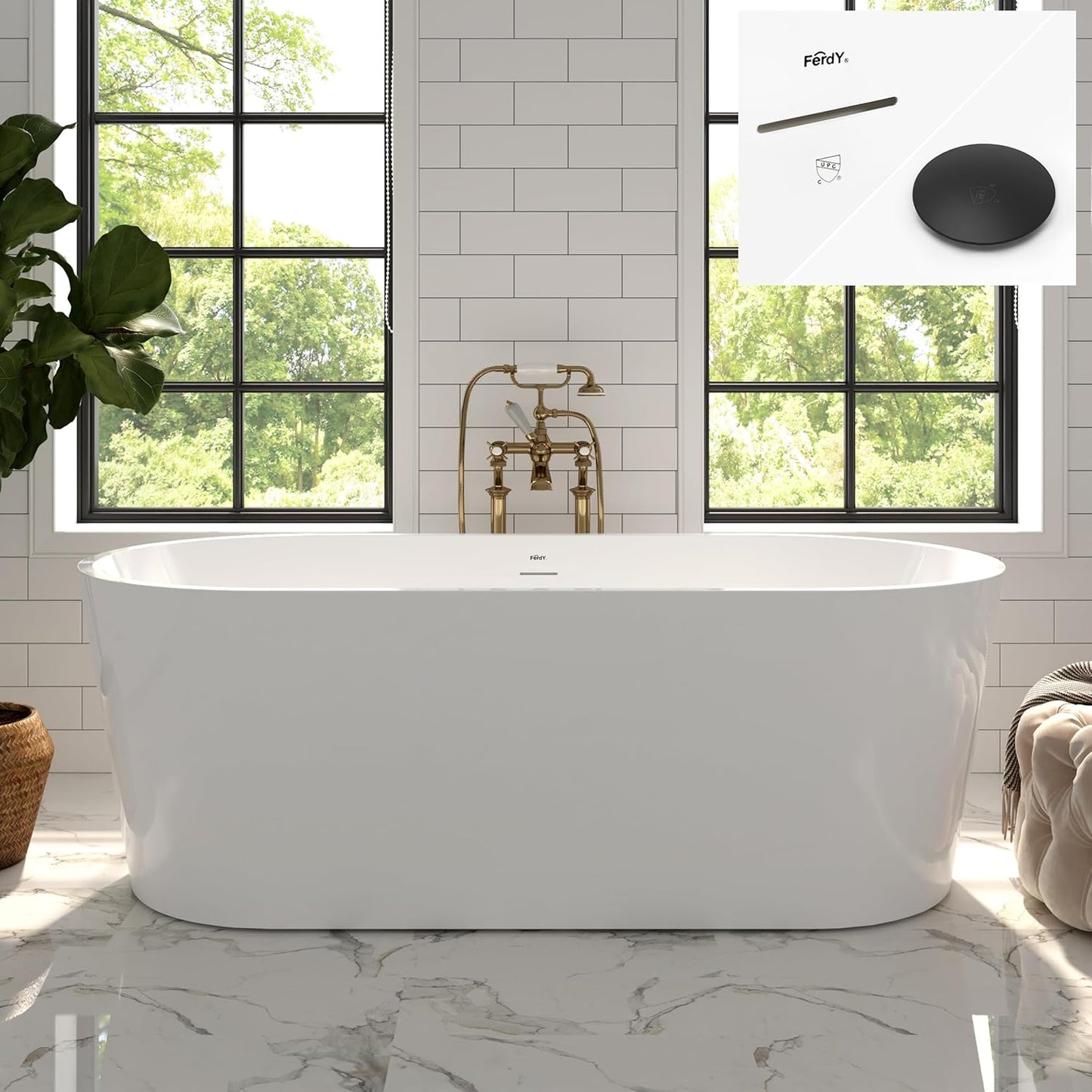 FerdY Shangri-La 67" Acrylic Freestanding Bathtub, Classic Oval Shape Acrylic Soaking Bathtub with Matte Black Drain & Minimalist Linear Design Overflow, Modern White, cUPC Certified