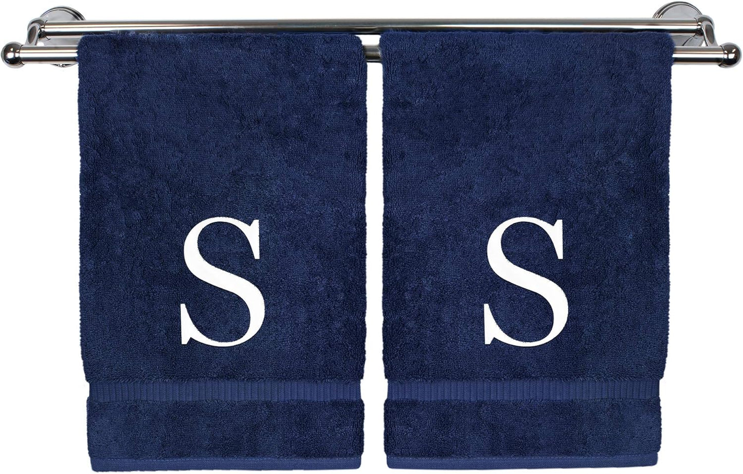 Monogrammed Hand Towel, Personalized Gift, Set of 2- White Block Letter Embroidered Towel - Extra Absorbent 100% Turkish Cotton - Soft Terry Finish - Initial S Navy